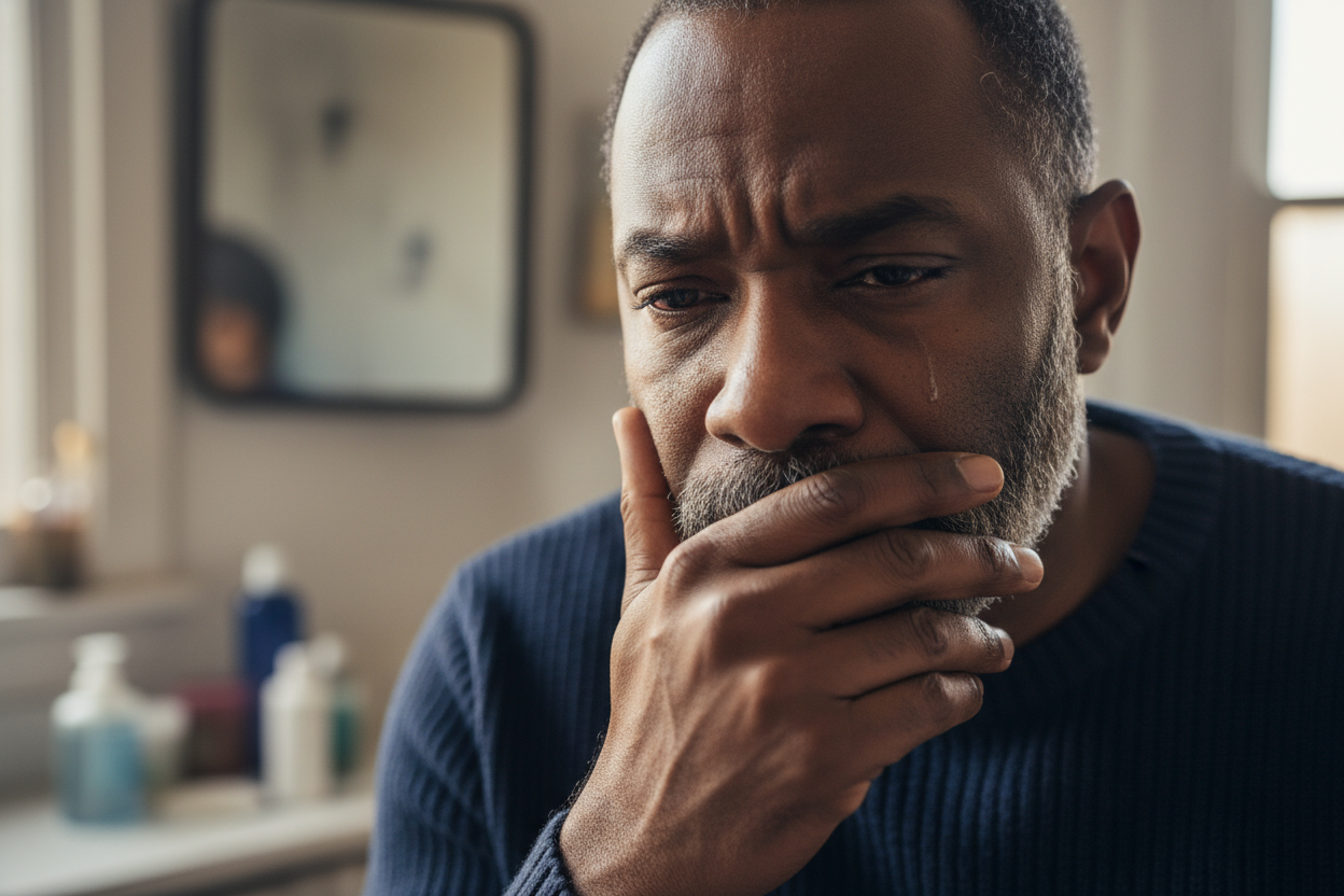 Generate a black person holding his damaged teeth with sad and regret emotions on his face 